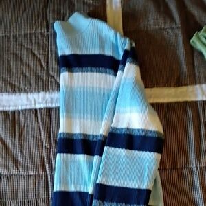Karen Scott Aqua and Navy Striped Turtleneck Sweater